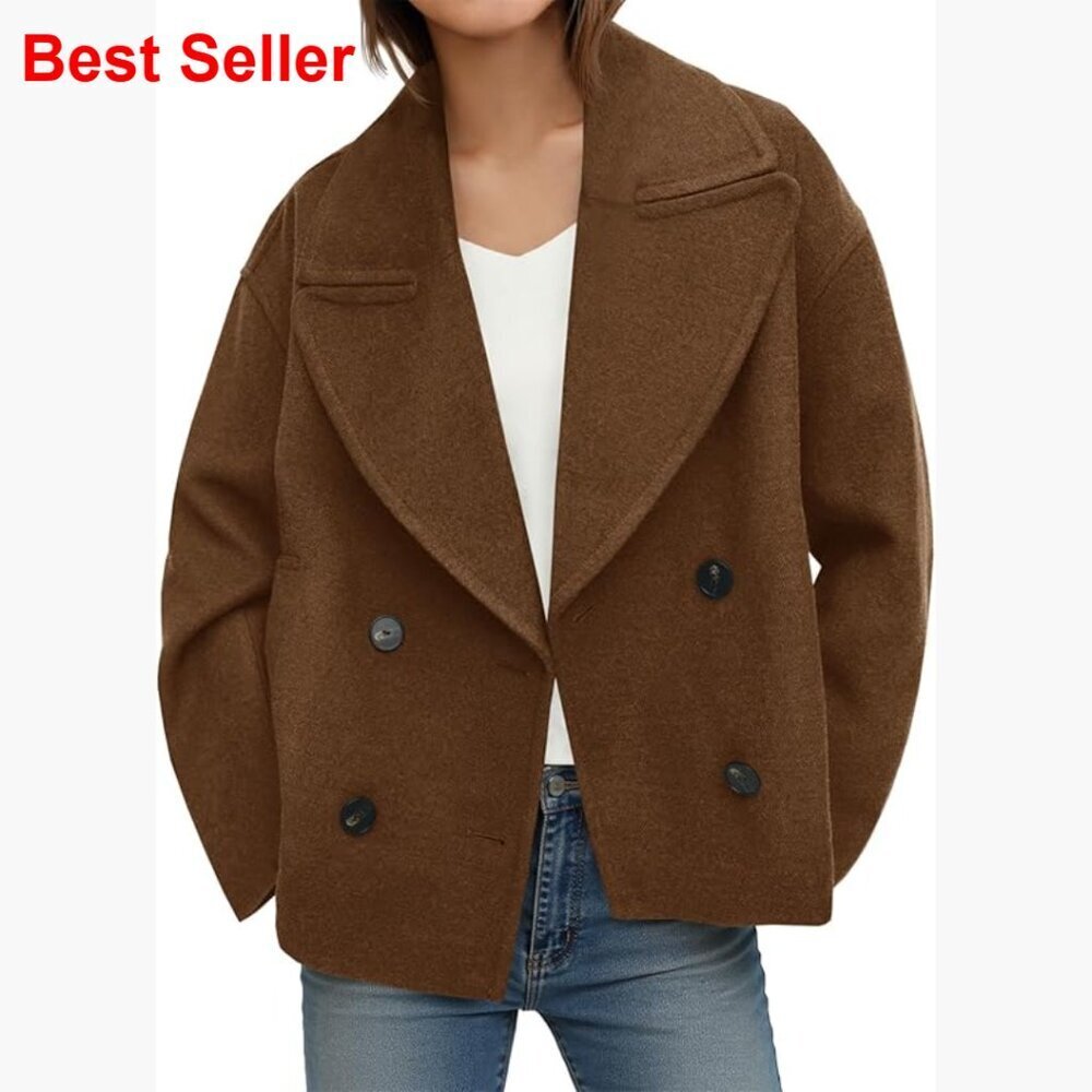 Cropped Wool Blend Pea Coat Double Breasted Notched Lapel Overcoat